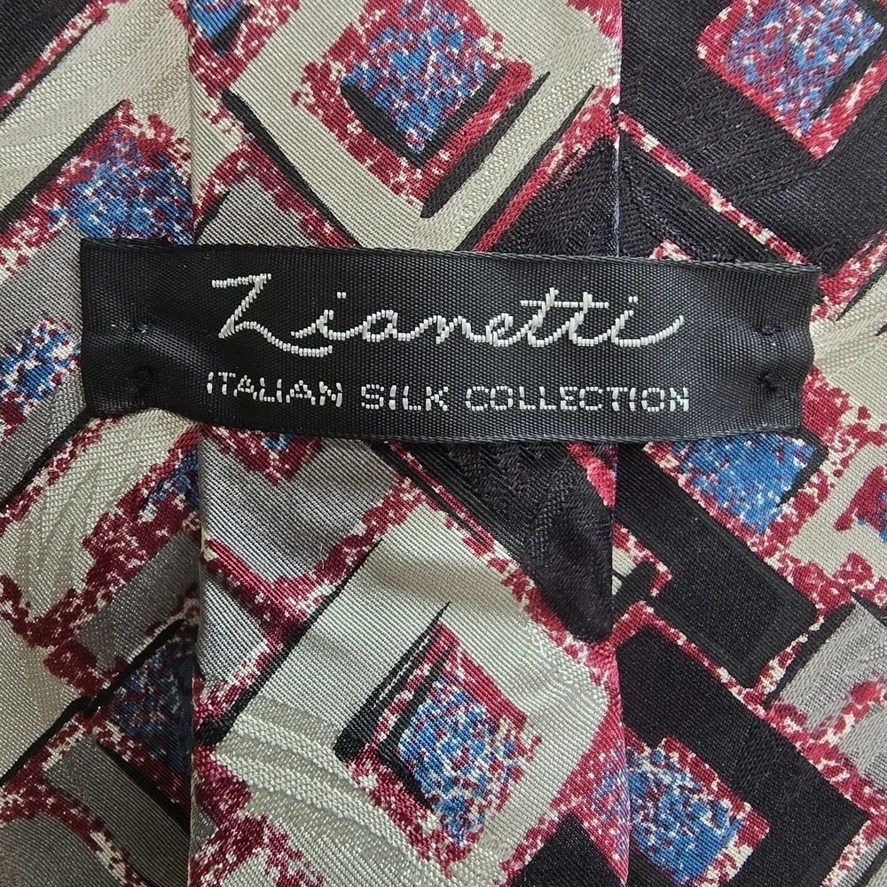 Zianetti Imported Silk Geometric Patterned Tie - Black, Blue, Gray, Mens EUC